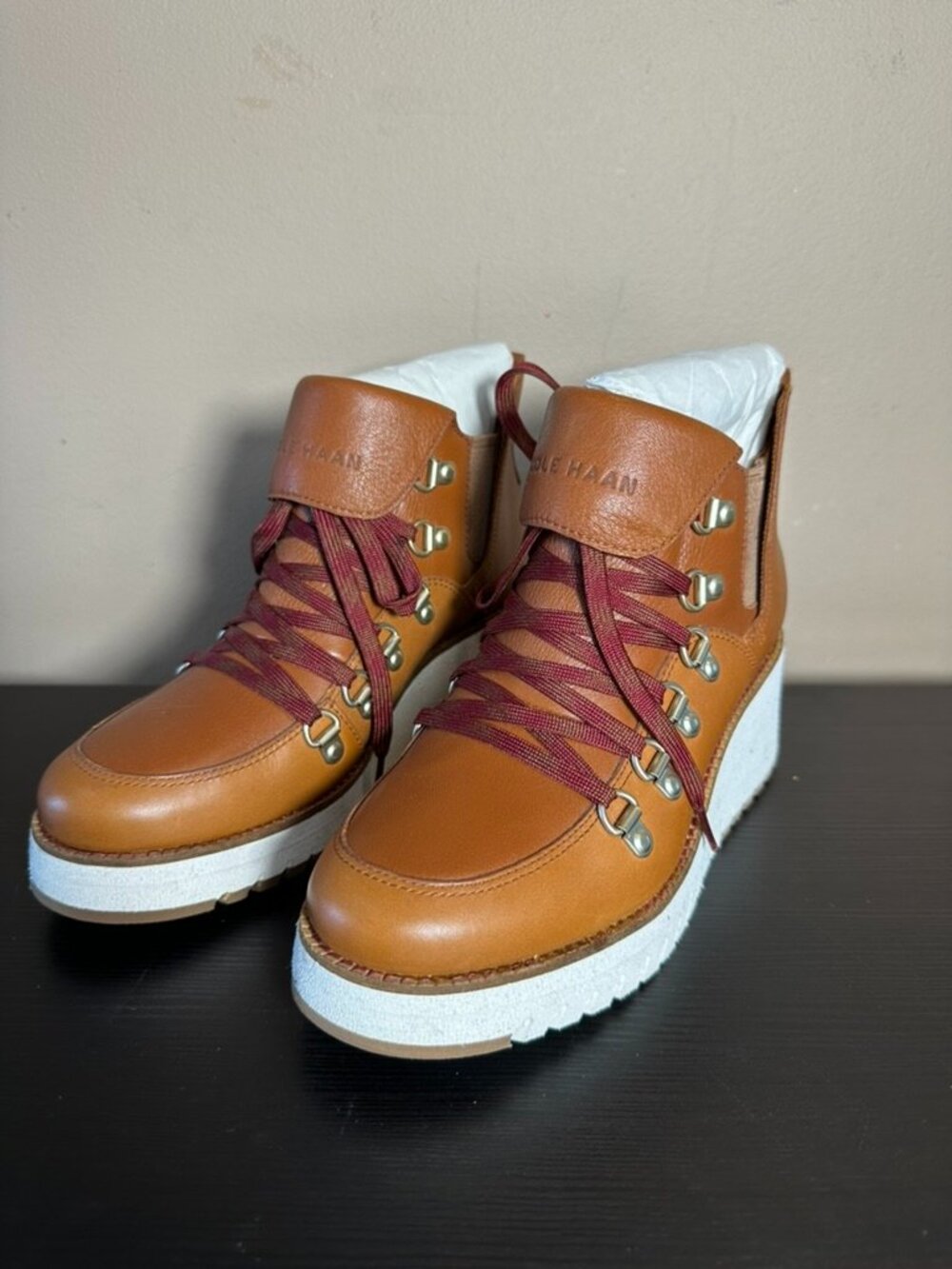 Cole Haan Cognac Leather Wedge Hiker Boots Women's US 5.5
